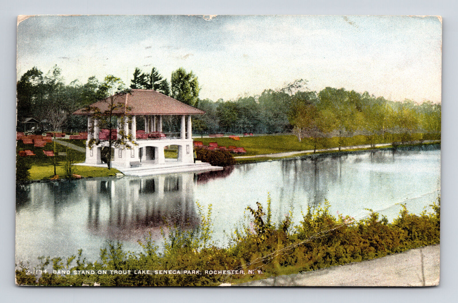 c1911 DB Postcard Rochester NY New York Seneca Park Trout Lake Band Stand