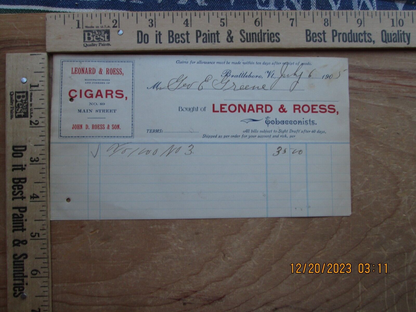 leonard & roess tobacconists brattleboro Vermont 1905 letterhead