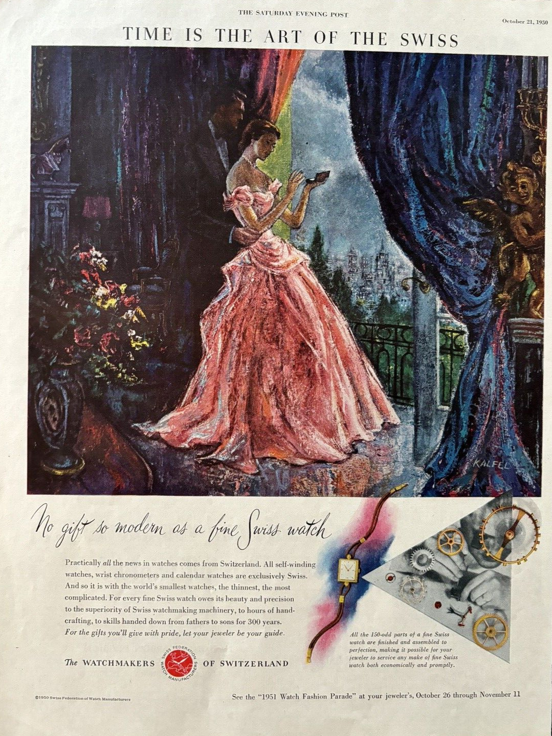 Swiss Federation Watch Manufactures Mechanisms Art Time Vintage Print Ad 1950.