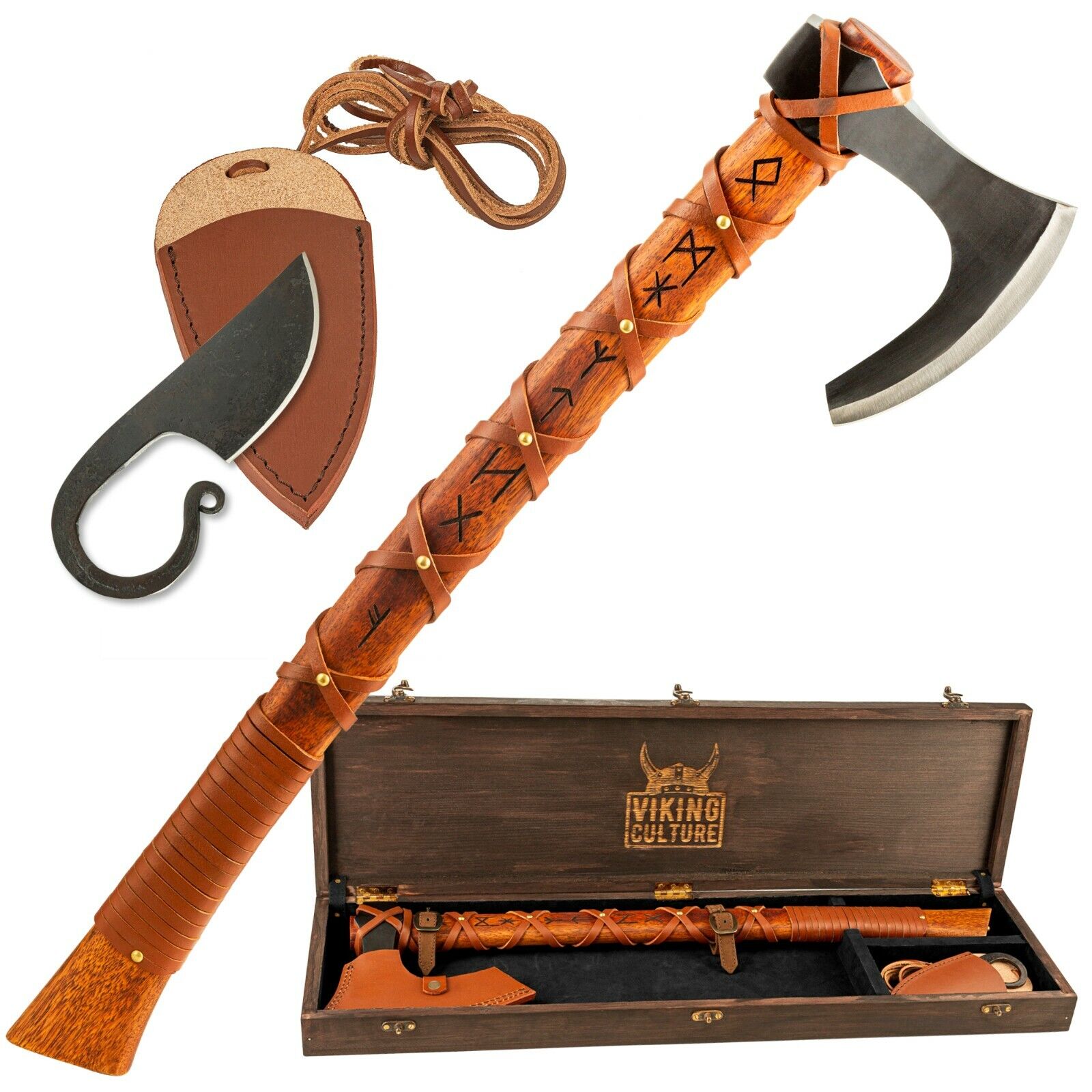 Viking Battle Axe Hand-Engraved Runes and Celtic Ring Knife, The Skeggøx Set 