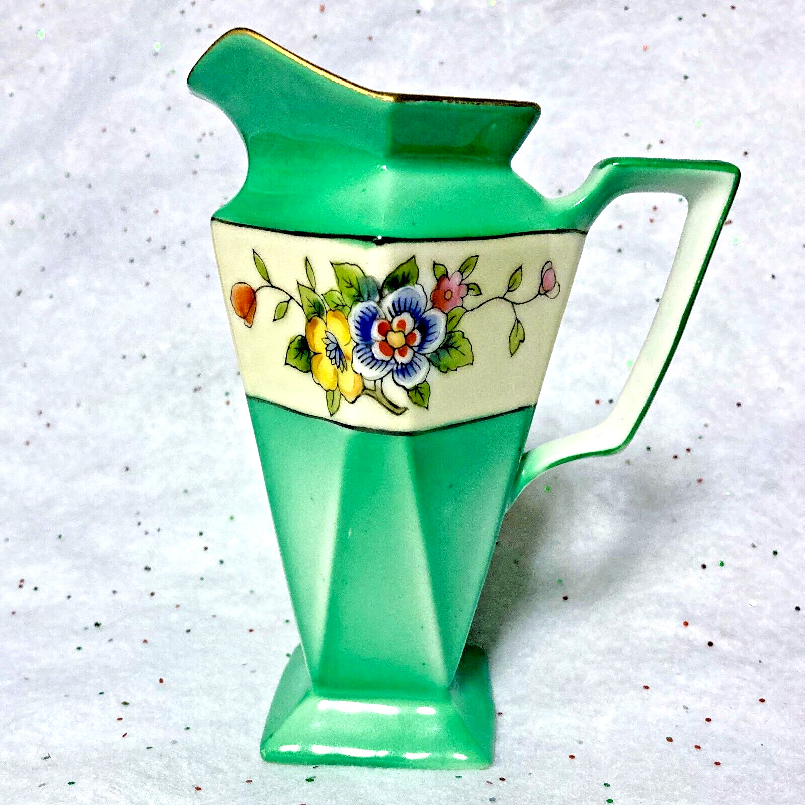 Noritake Octagonal Green & Floral Art Deco Vase Pitcher Hand Painted Japan Gilt
