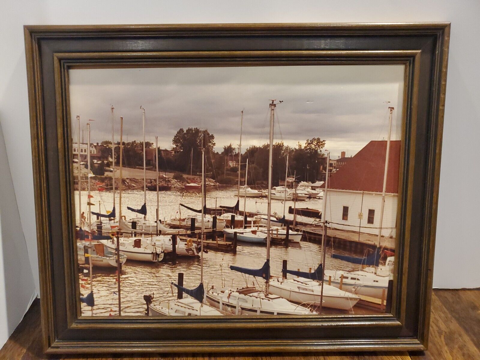 Vintage Framed Photo Boats Docked In Harbor Marina 1970s Kenosha Wisconsin 11x14