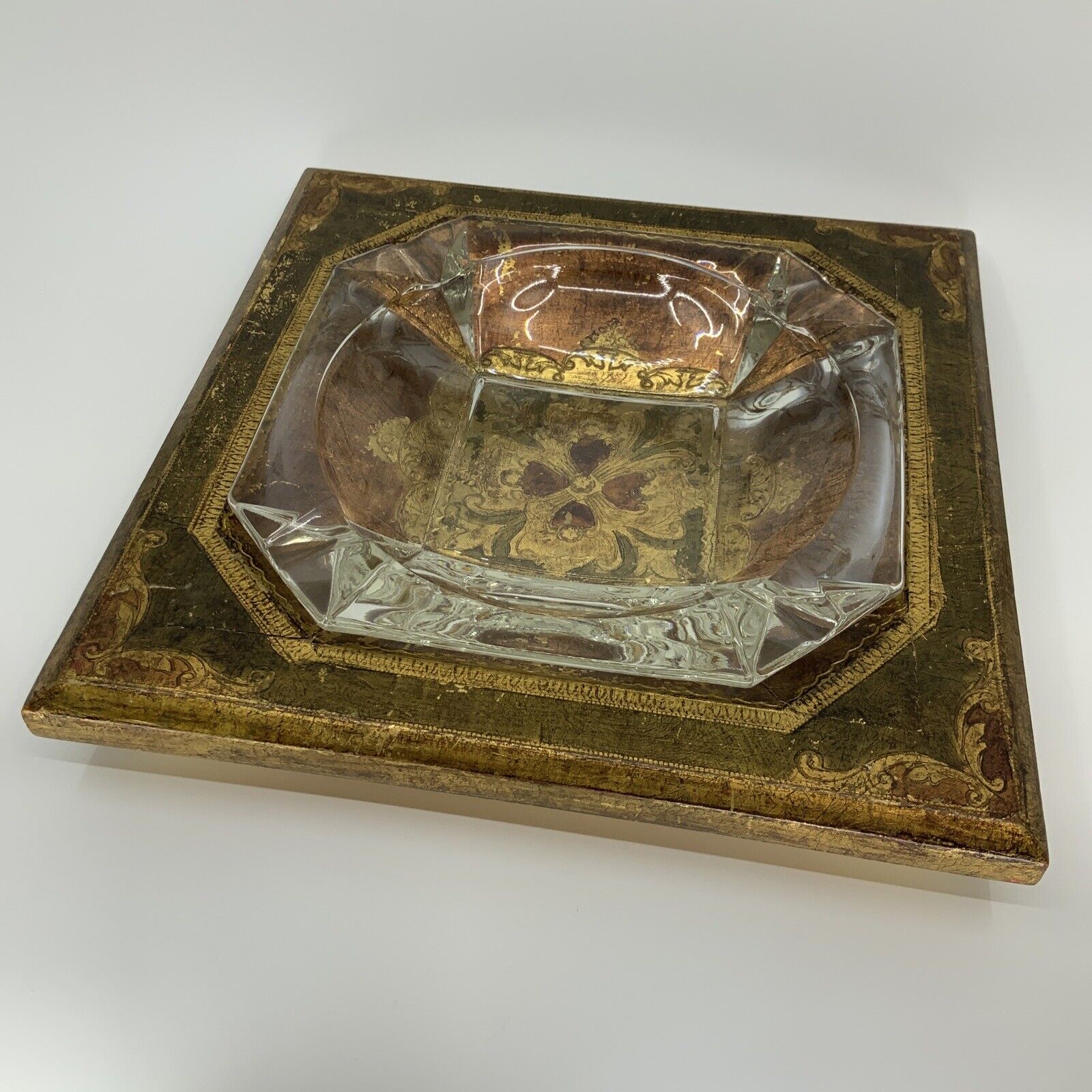 VTG Large Italian Florentine Toleware Gilt Wood And Glass Cigarette Tray 10 3/4\