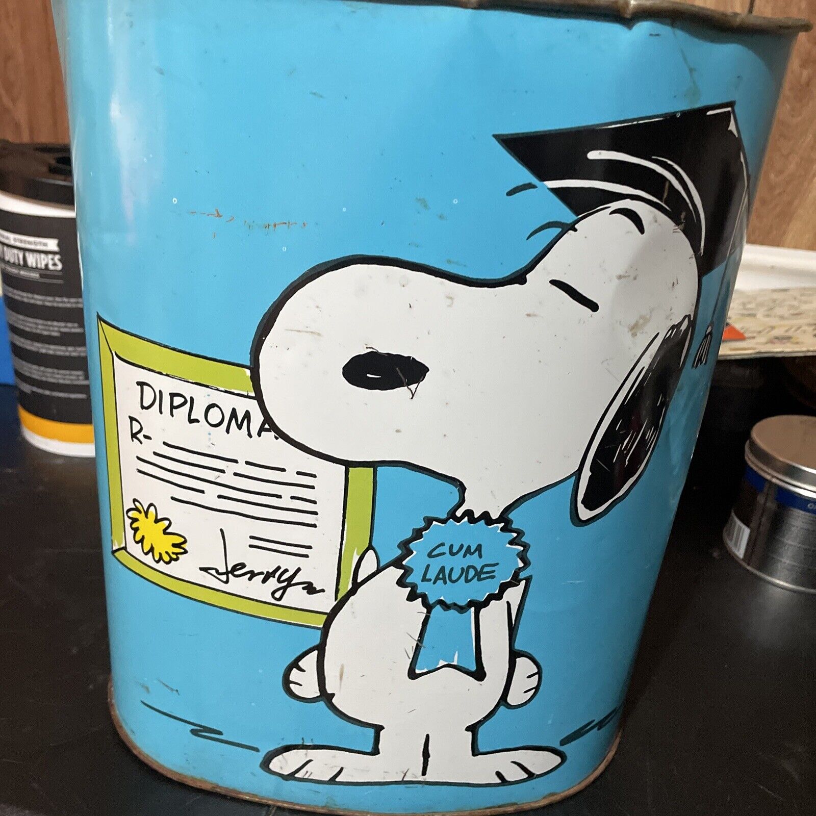 1969 Vintage Peanuts Cheinco Blue Metal Trash Can - Snoopy & Charlie Brown