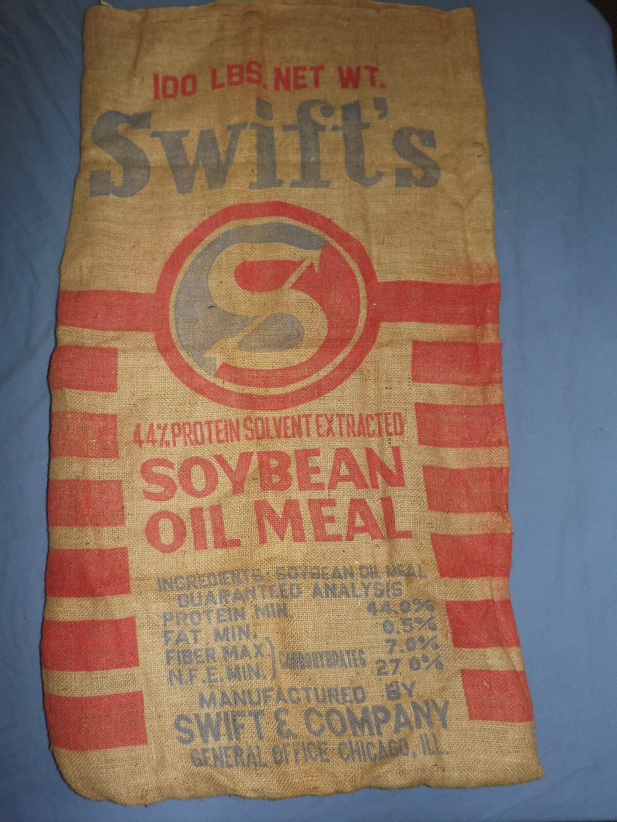 VINTAGE SWIFT'S SOYBEAN OIL MEAL CHICAGO ILL 100LBS  LARGE BURLAP FEED SACK