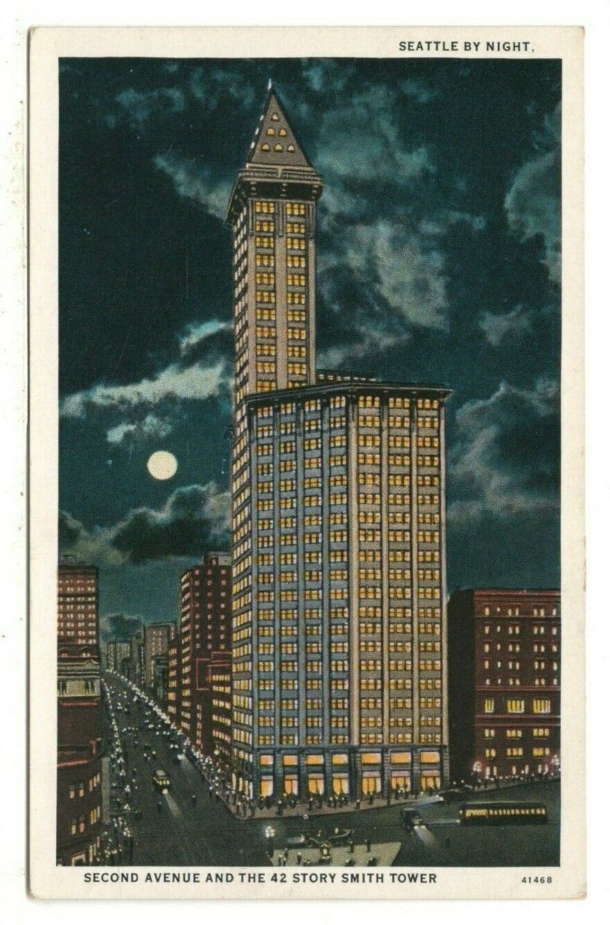 c1920 PC: Second Avenue and 42 Story Smith Tower at Night – Seattle, Washington