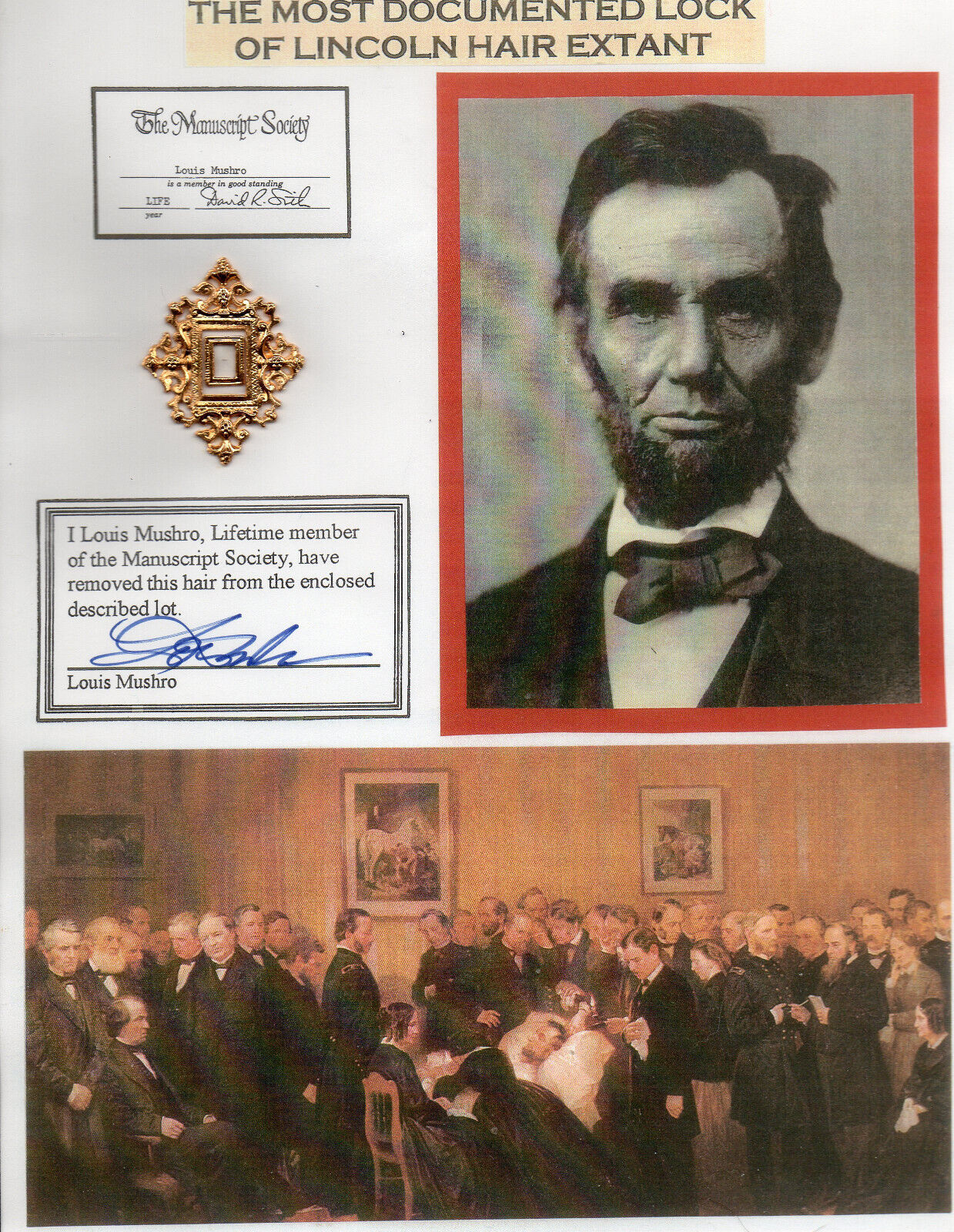 Abraham Lincoln  hair  Louis Mushro COA
