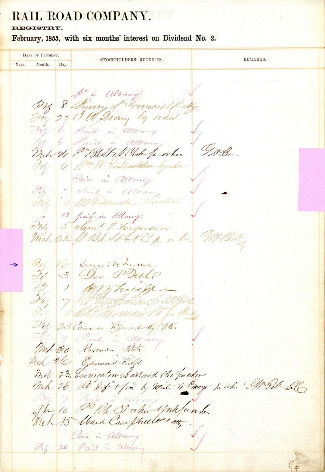 New York Central Ledger Sheet signed by Leonard W. Jerome and William Fessenden 