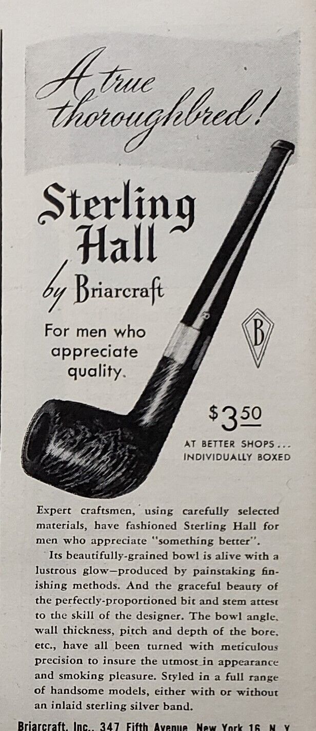 1945 Print Ad Briarcraft Sterling Hall Smoking Pipe Thoroughbred