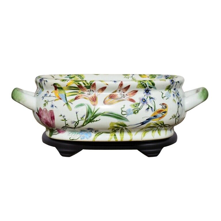 Multi Color Porcelain Foot Bath Basin Chinese Floral Bird Motif w Stand