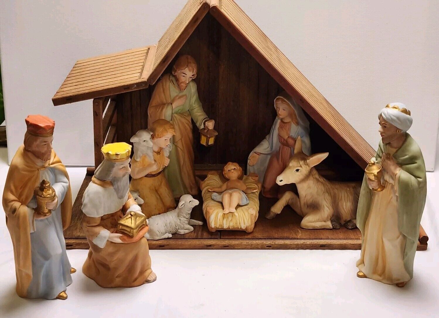Vintage 9 piece Set Homco Nativity Scene Figurine Porcelain 5603 With Stable