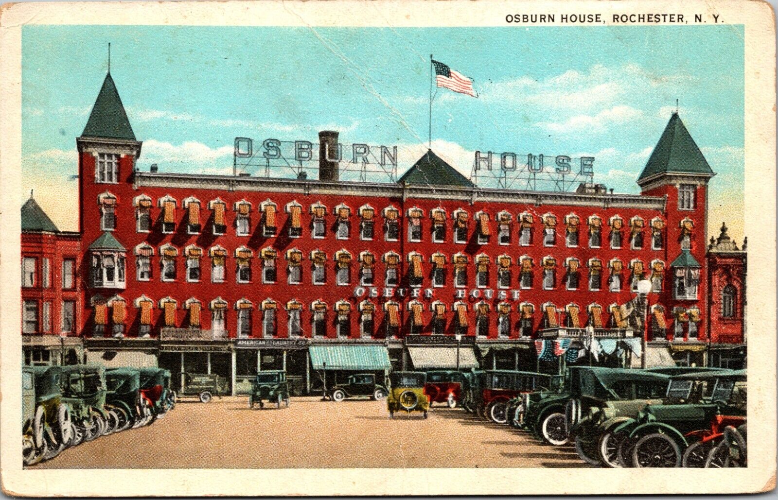 Osburn House Sidewalk Shops Old Car Rochester NY Postcard