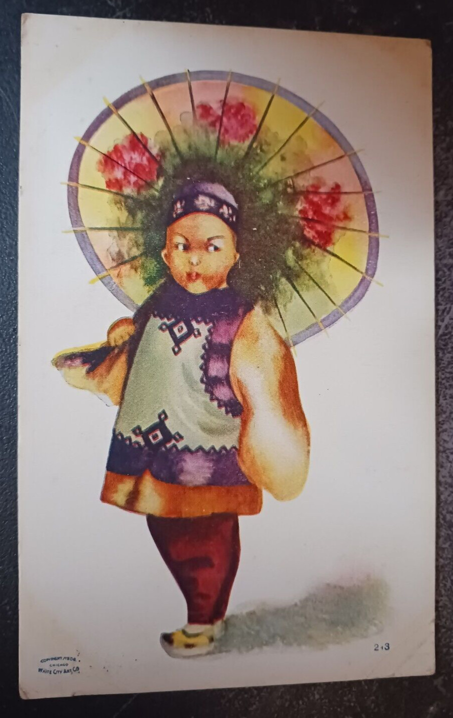 vtg postcard 1909 White City Art Co Chinese Child Umbrella Parasol posted