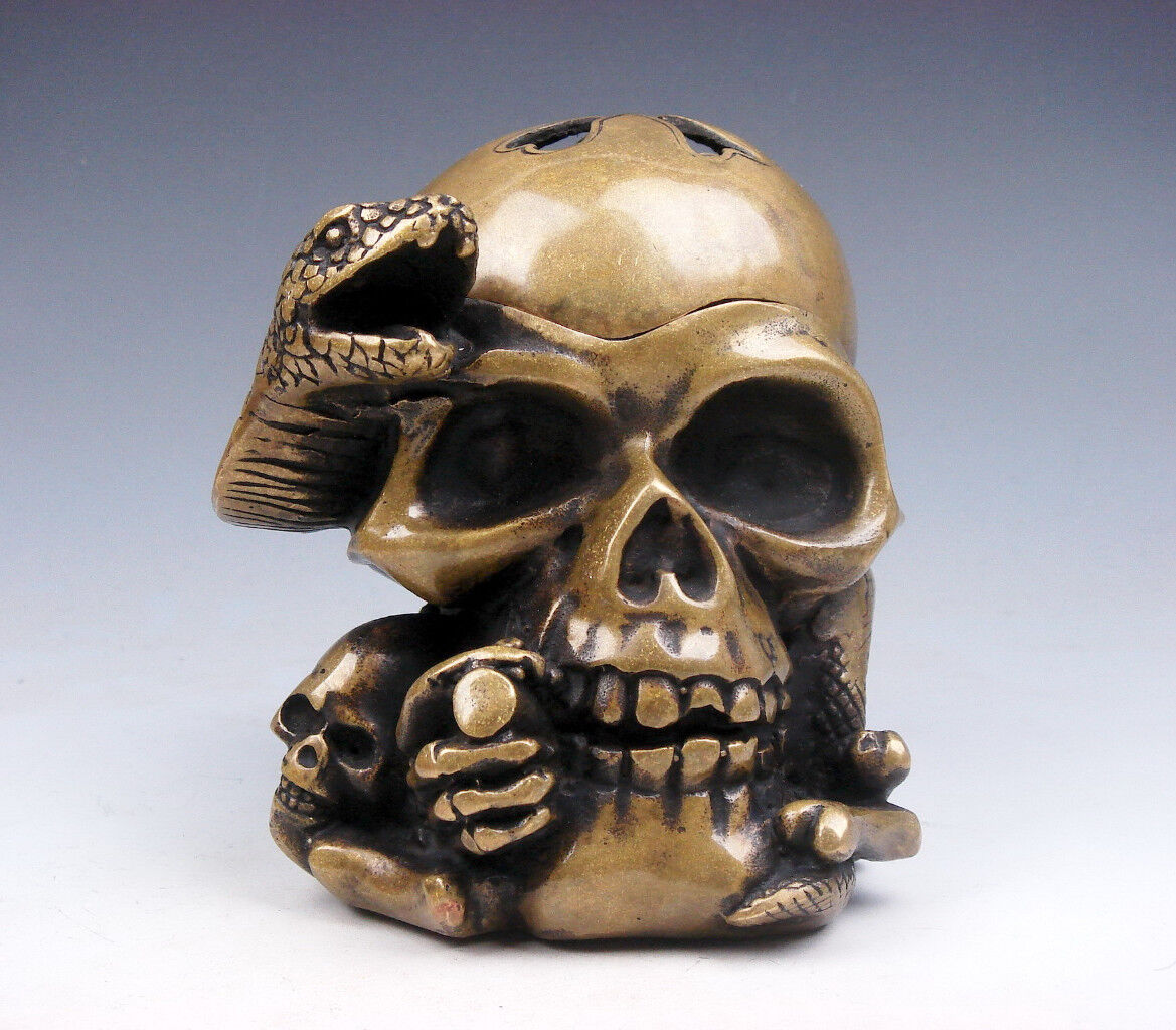 Vintage Fine Brass Crafted Human Skull Skeleton Snake Tangled AWESOME HOME DECOR
