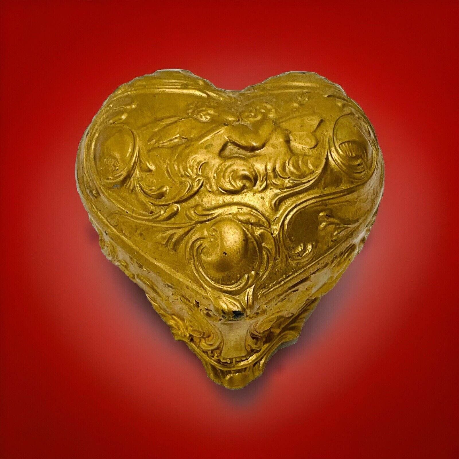 Heart Shaped Art Nouveau Jewelry Casket Antique Metal With Hinged Lid 3.5x3.5in