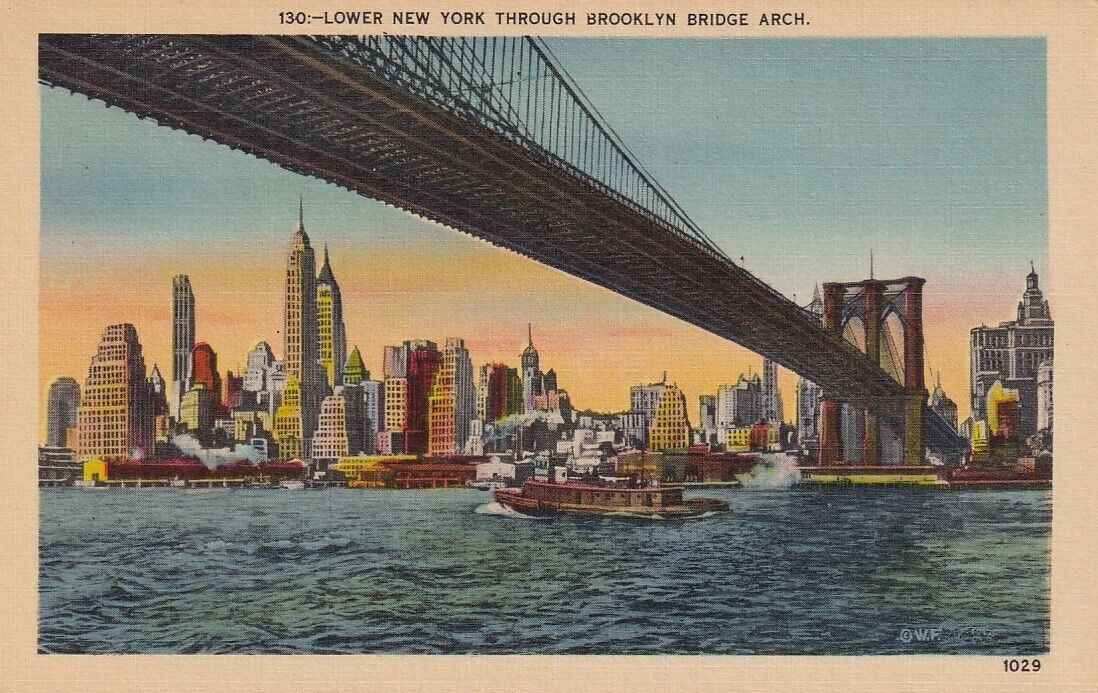 c1940 Lower New York Through Brooklyn Bridge Arch, NYC. Linen Unposted