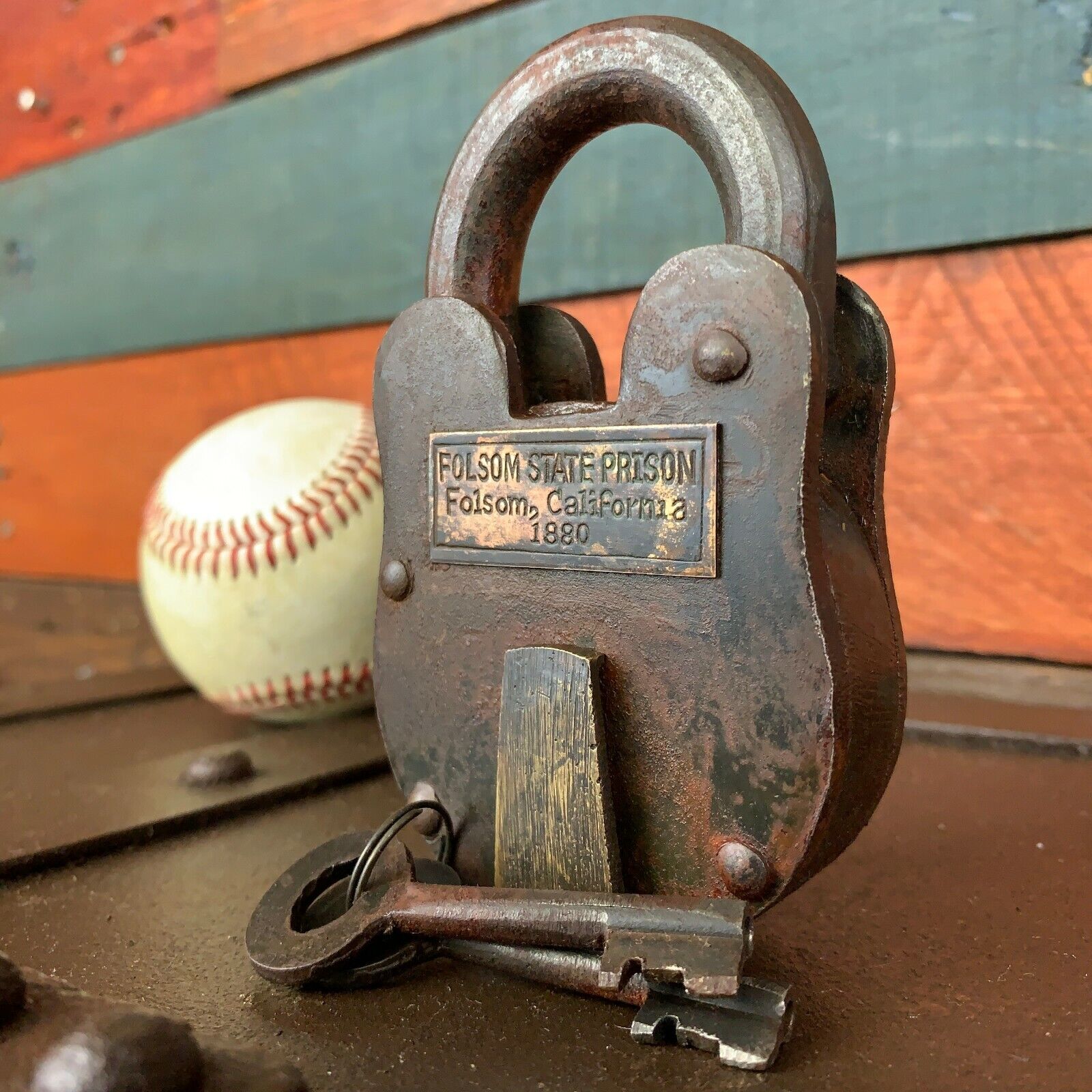 Folsom California State Prison Cast Iron Lock, Keys Brass Tag, W/ Antique Finish