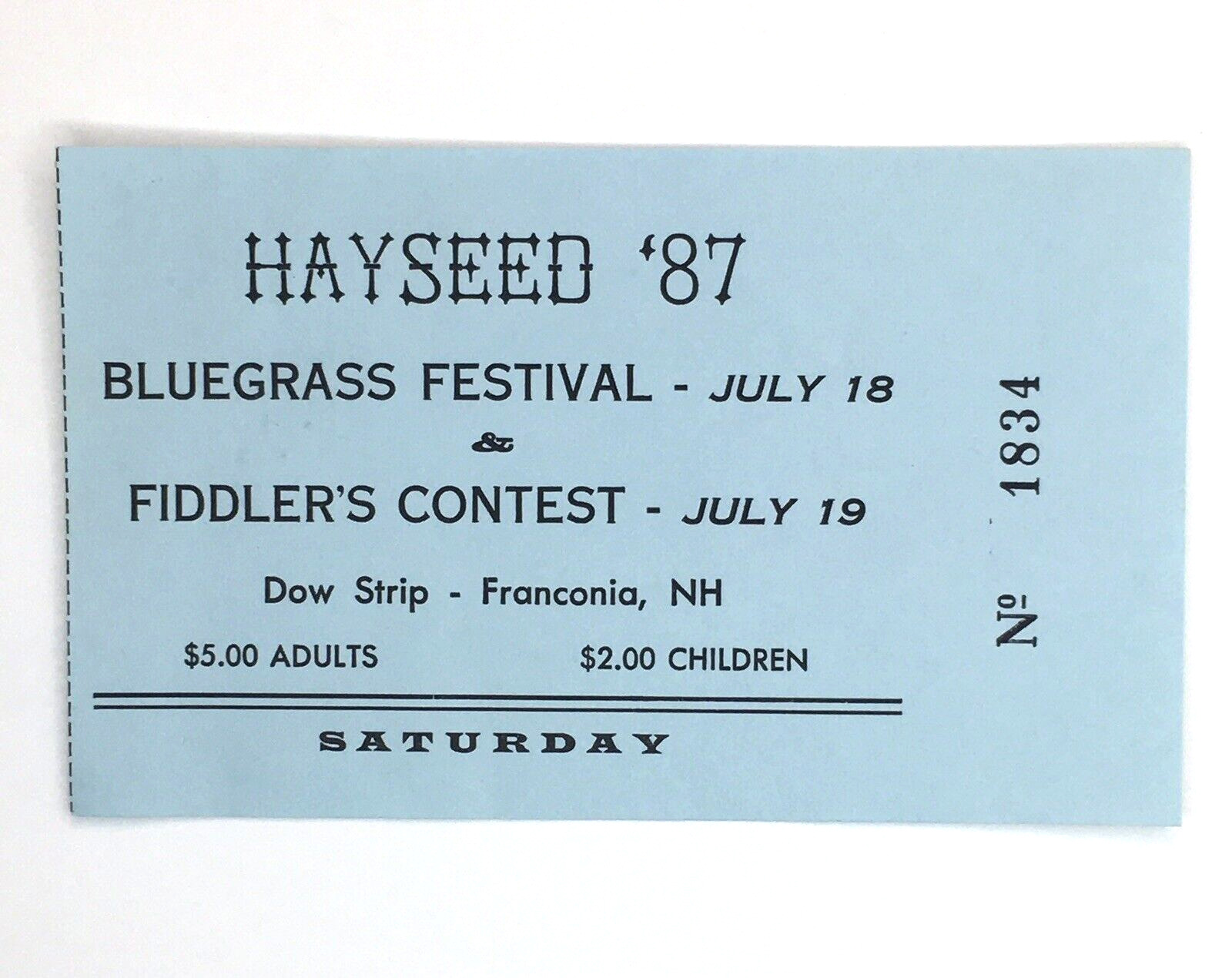 Vintage Ticket Stub 1987 Hayseed Bluegrass Festival Fiddler Contest Franconia NH