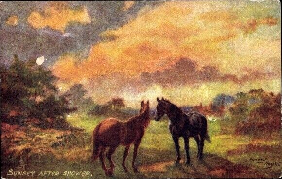 TUCK No.9620; Artist Postcard Harry Payne, SUNSET after SHOWER, Horses, Uplands 