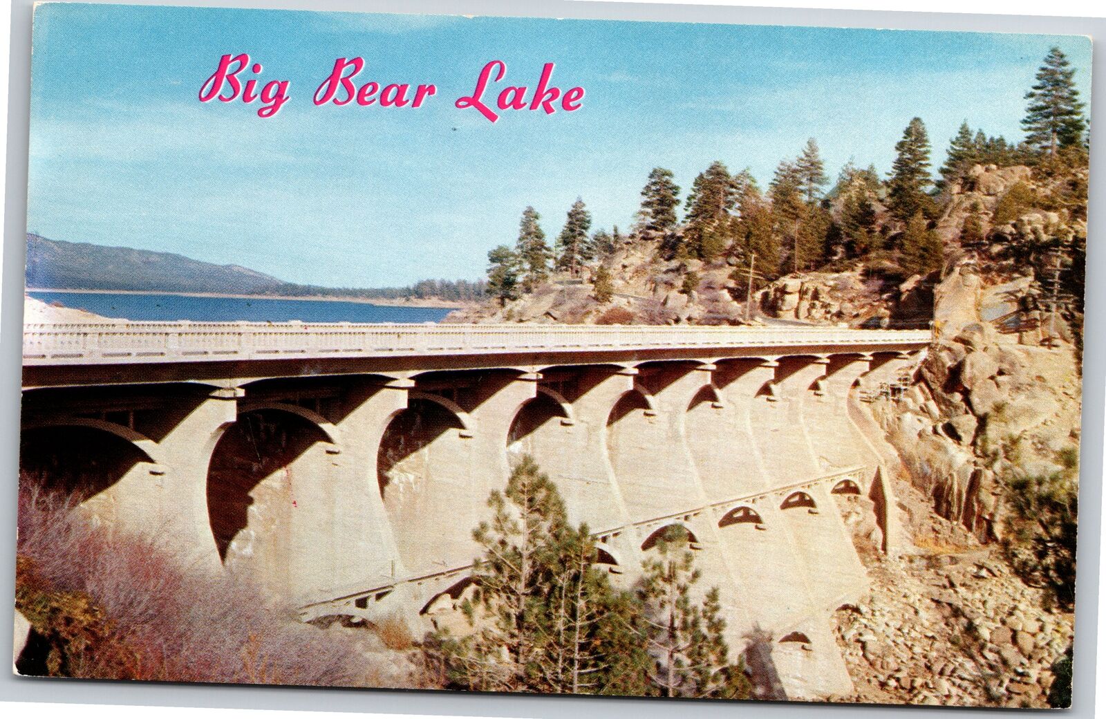 Big Bear Lake California~Picturesque Concrete Arch Type Dam~Vintage Postcard