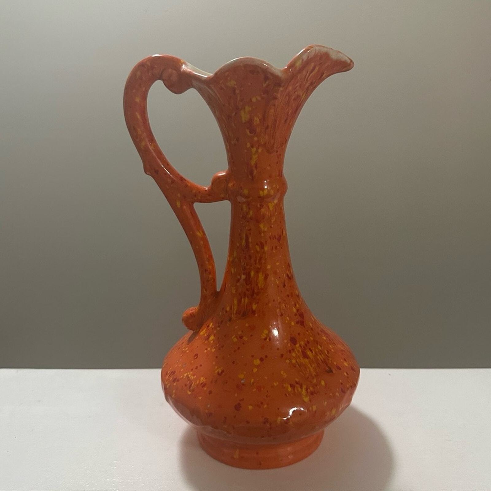 Vintage 1974 Handmade Ceramic Vase w/Handle Orange w/Yellow Red Specks 12” tall