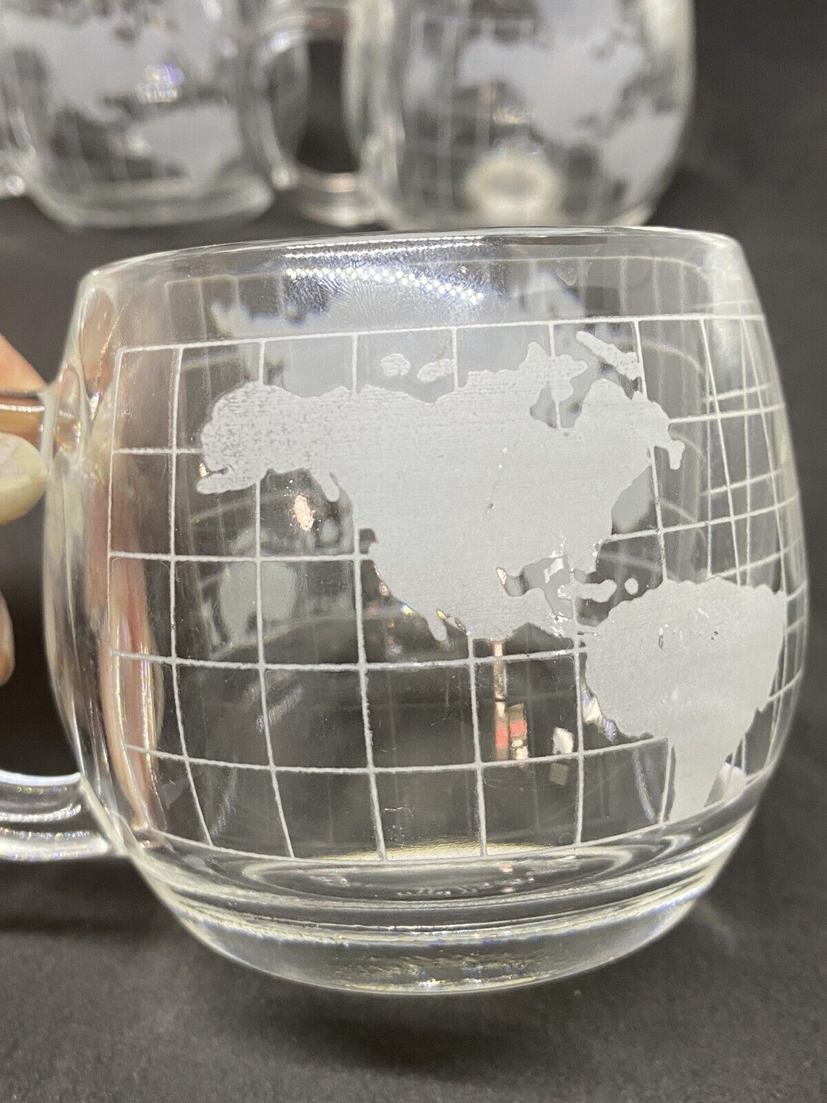 Nestle' Etched Clear Glass World Globe/Map Coffee Mugs Cups  set of 4 vtg