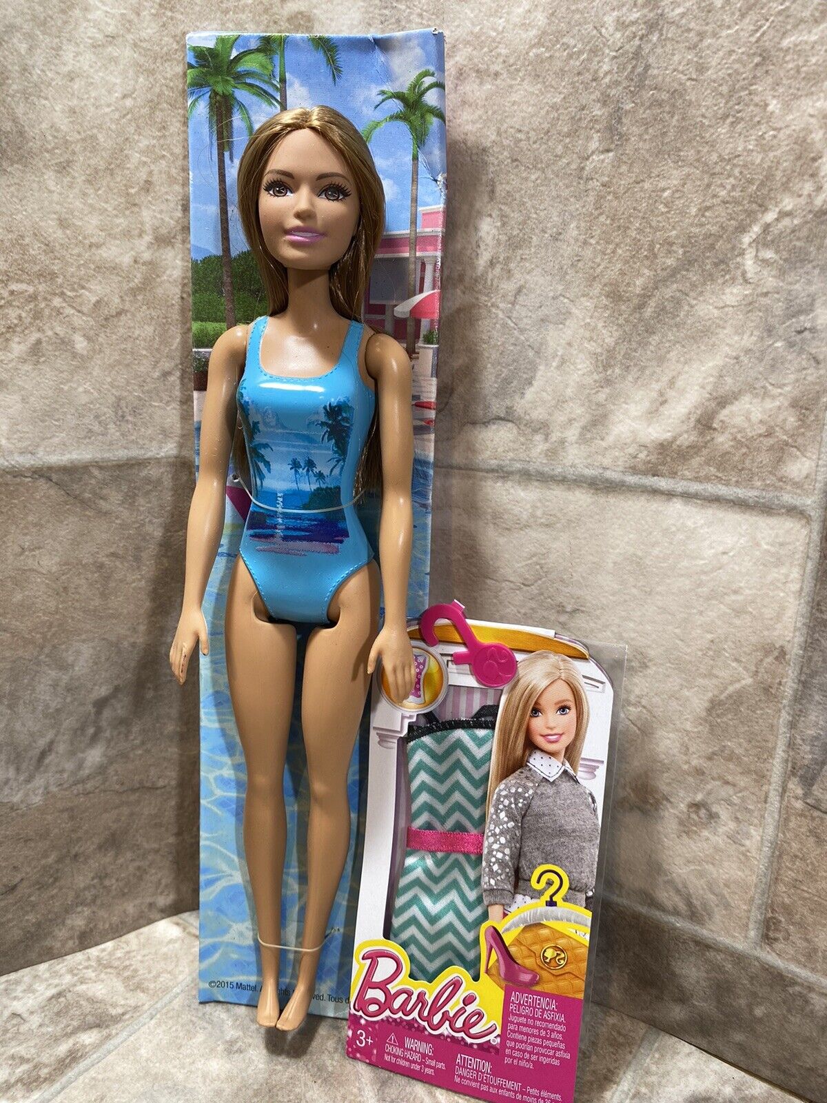 Barbie 2015 Mattel Blue Vacation Swimsuit Plus New Teal Chevron Dress