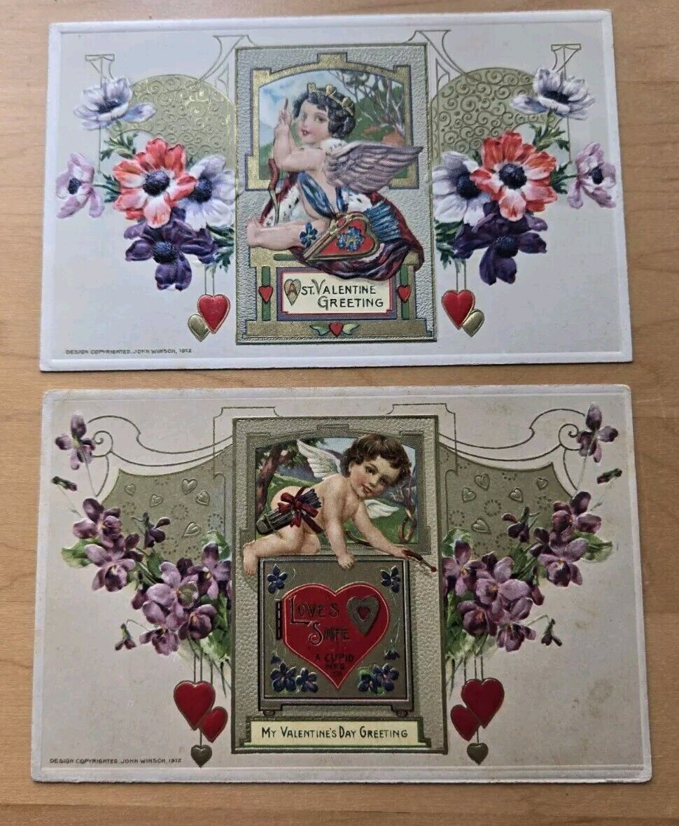 Lot Of 2 Winsch Floral Valentine Postcards With Cupids And Hearts