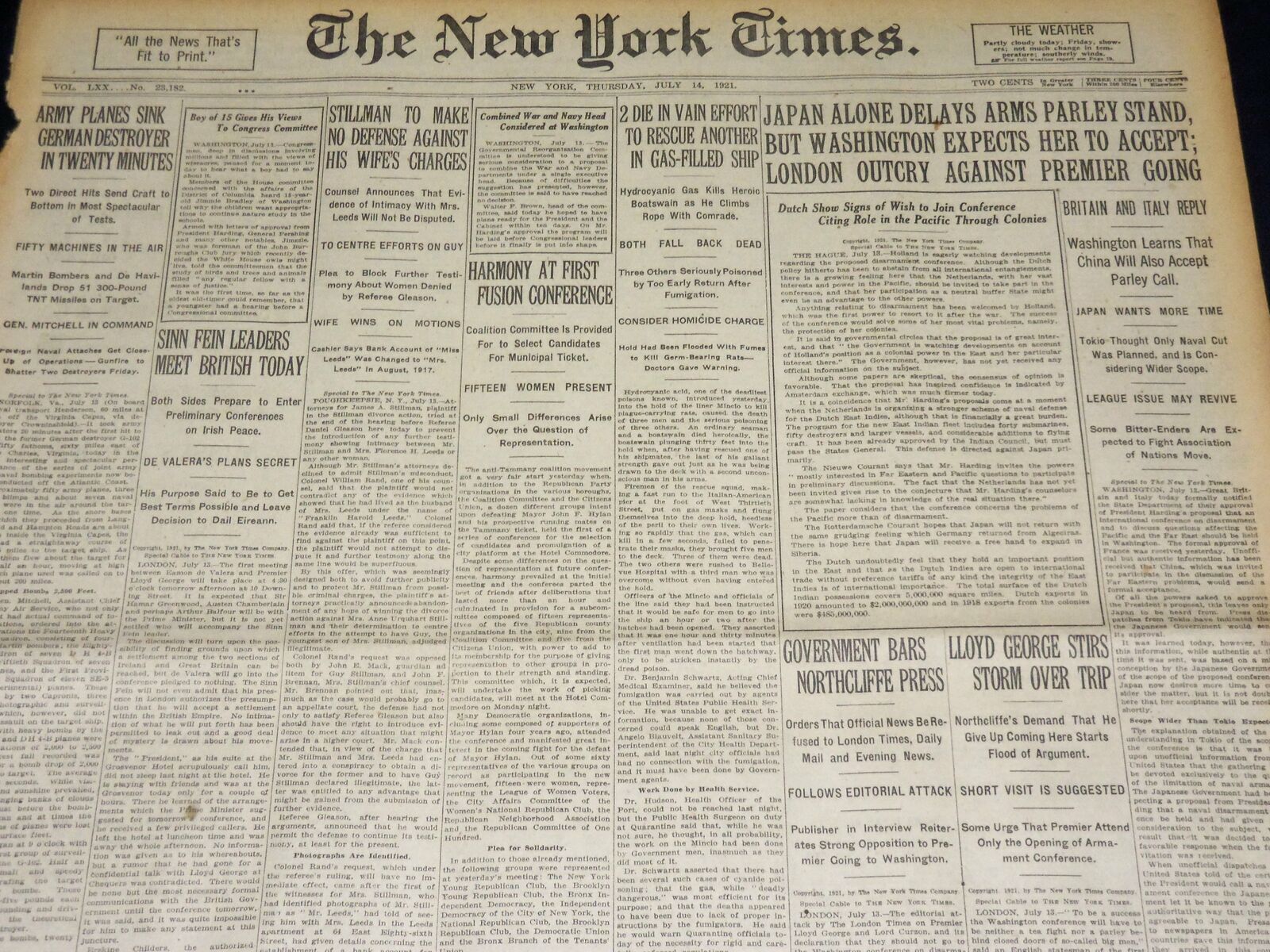 1921 JULY 14 NEW YORK TIMES - SINN FEIN LEADERS MEET BRITISH TODAY - NT 8703