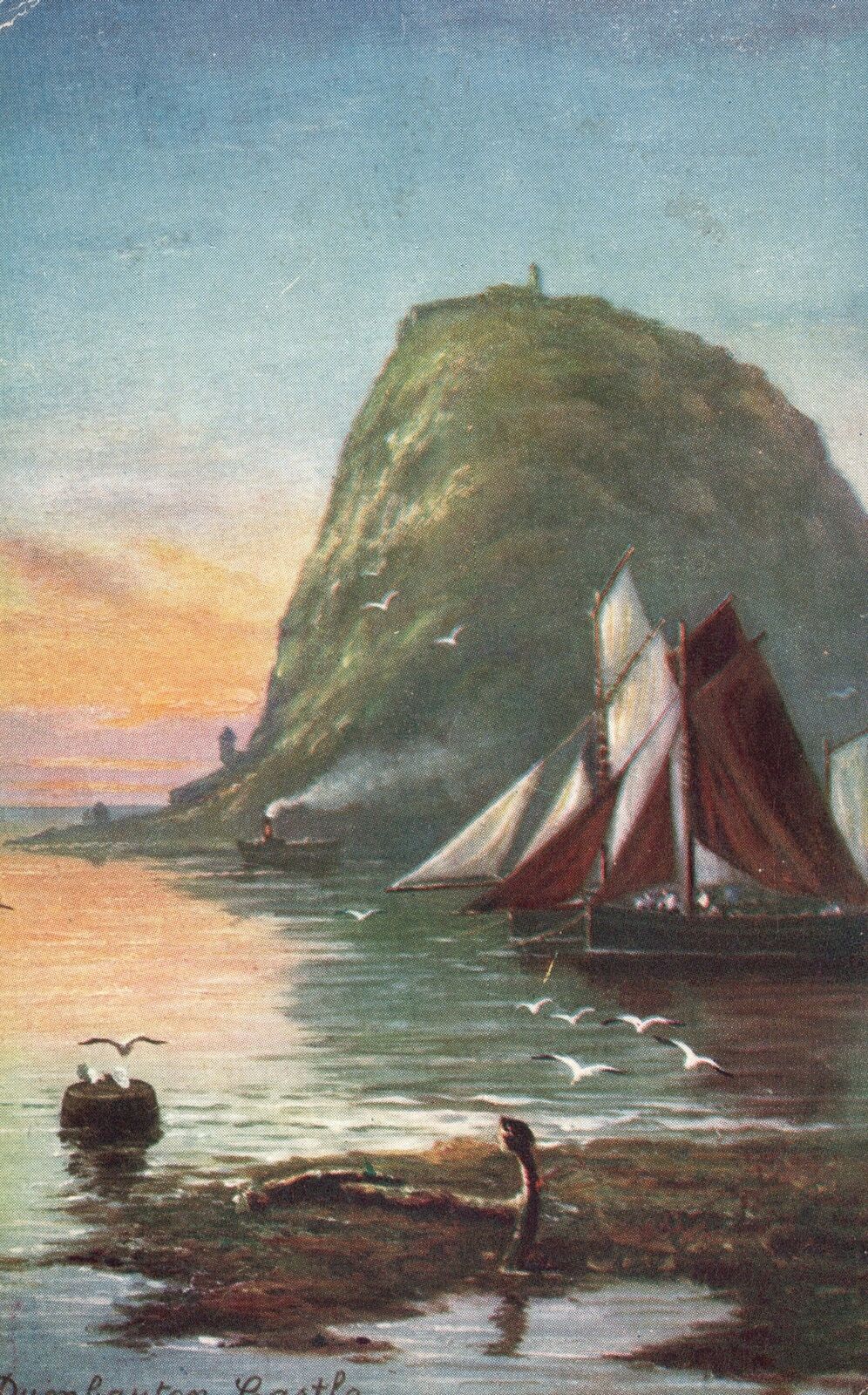 Vintage Postcard Dumbarton Castle Stupendous Rock on Shore Scotland Painting Art