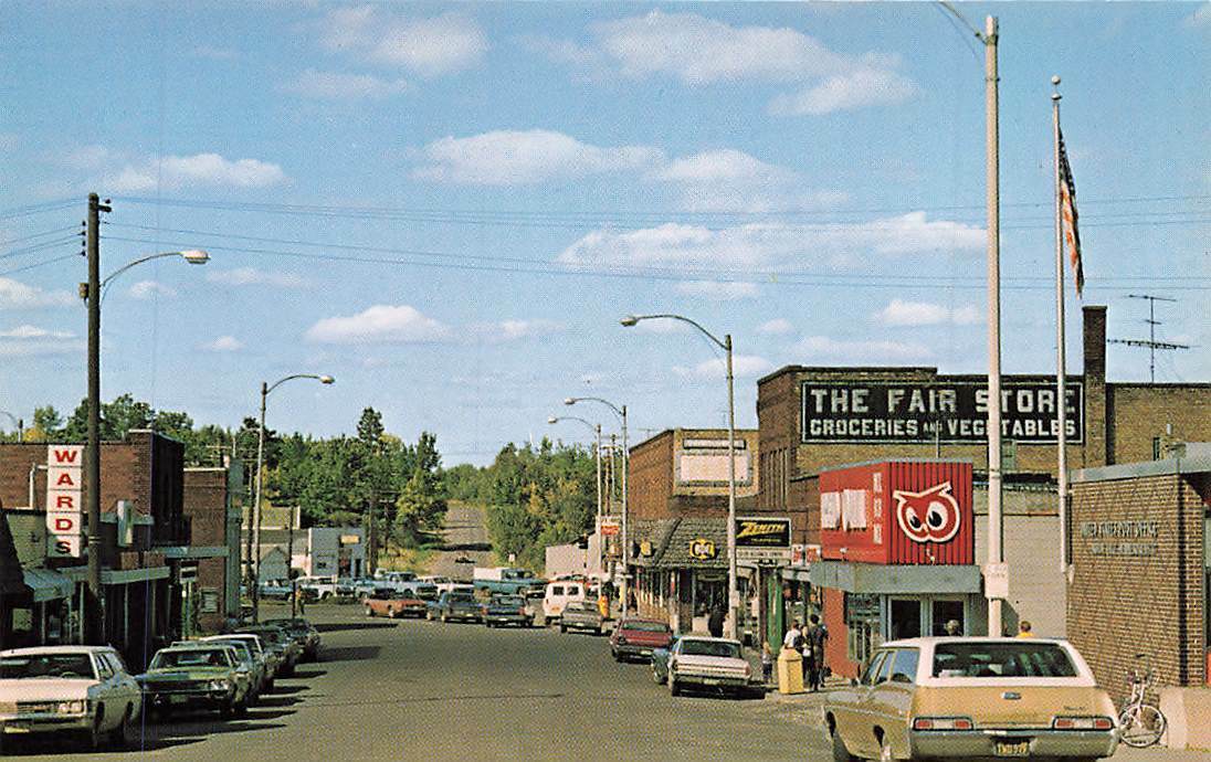 1970s Main Street Cars People Station Wagon Zenith Sign Moose Lake MN P235