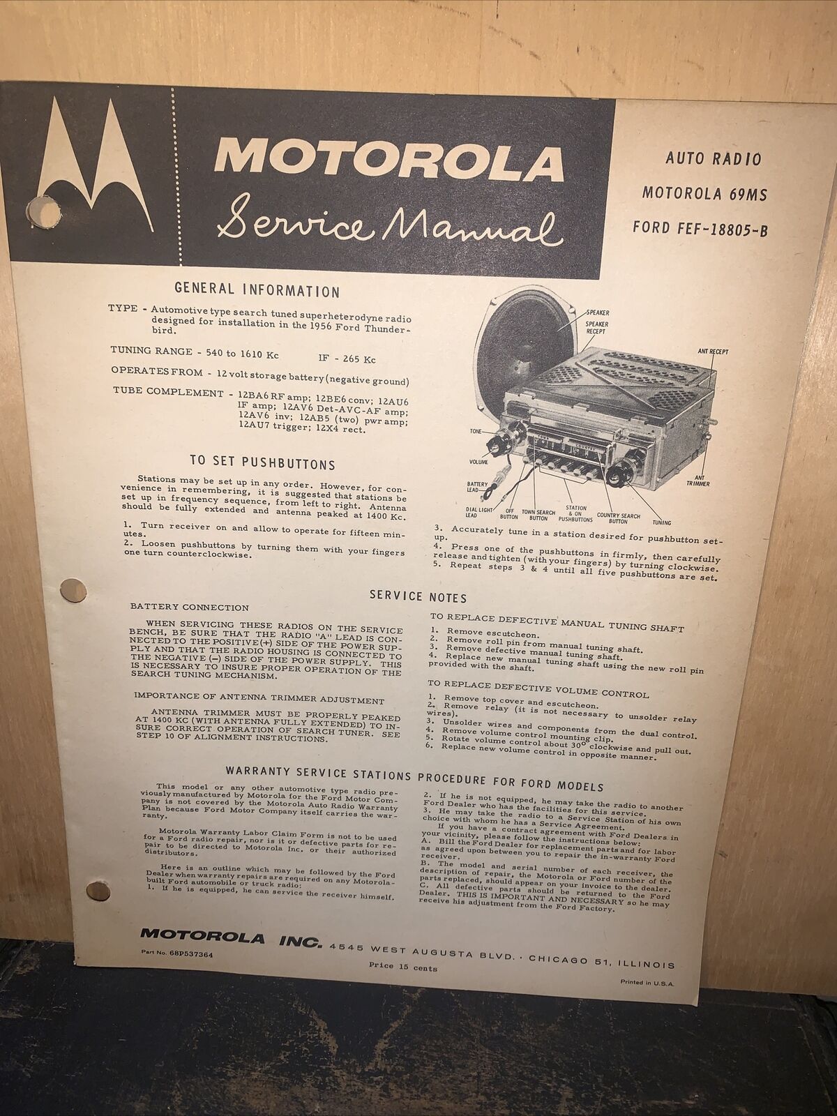 Motorola Auto Radio Model 69MS,Ford FEF-18805-B -Service Manual- Schematics