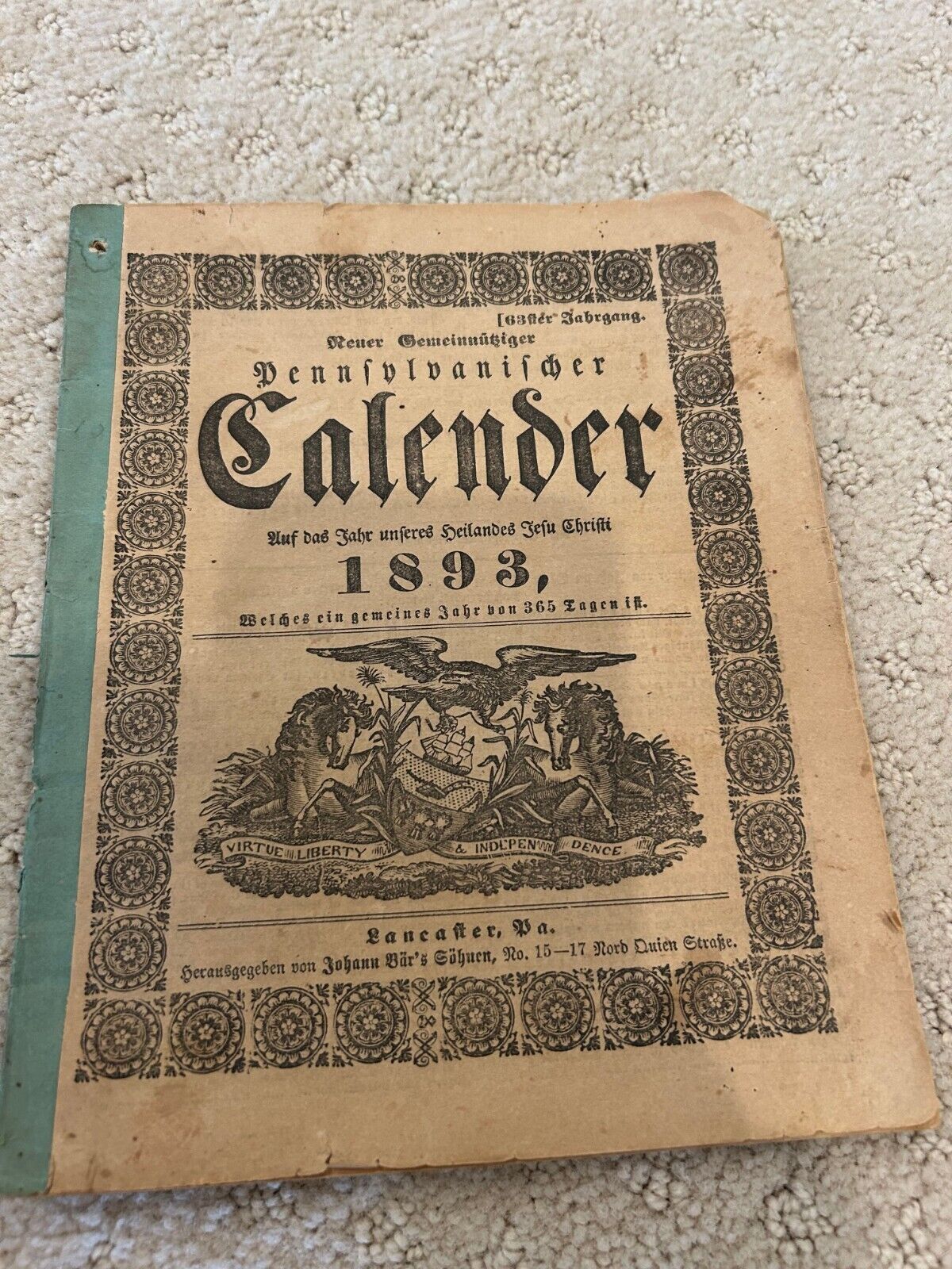 1893 German Almanac-Lancaster, PA