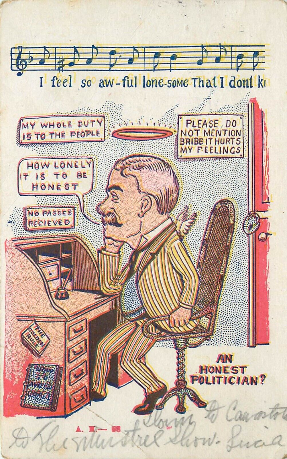 c1907 Postcard An Honest Politician, Halo Man Lonesome at Desk Musical Notation