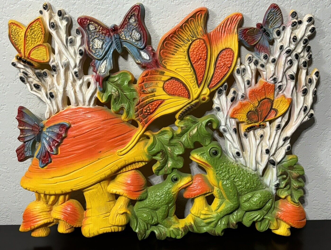 Retro 1970s Homco Wall Art Plaque, Mushroom Frog Butterfly, Decor