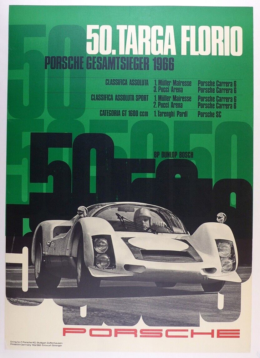 Targa Florio 1966 Porsche Factory ORIGINAL poster Linen Mounted