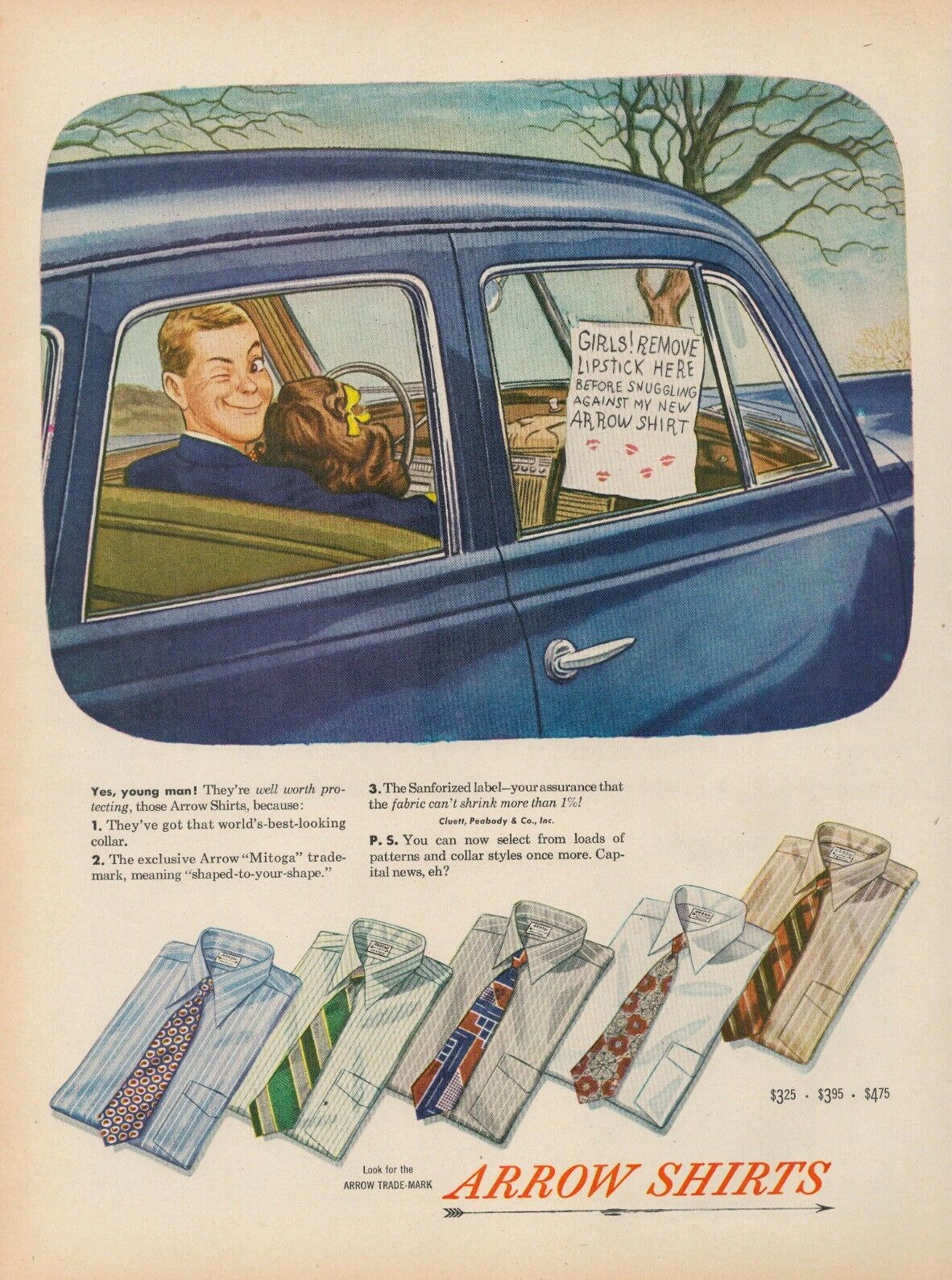 1947 Arrow Shirts Girl Remove Lipstick Here Before Snuggling Against Print Ad