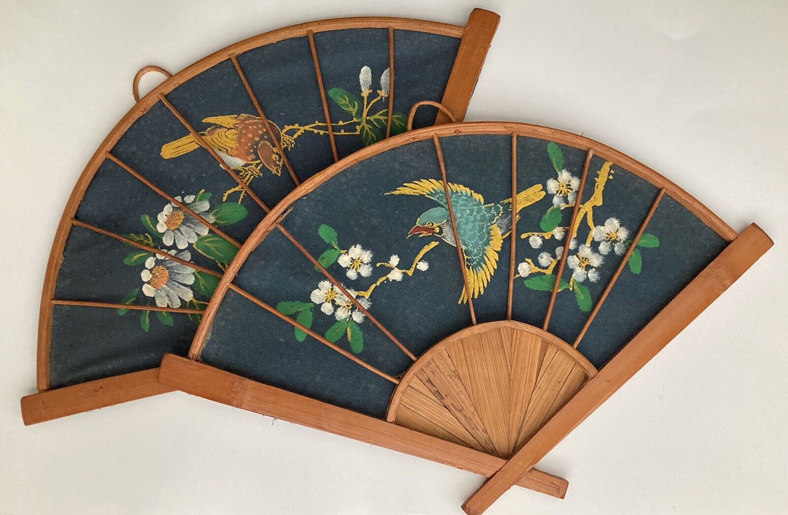 Vintage Japanese Bamboo Fans Hand Painted Bird On Fabric Wall Hanging Decor Pair