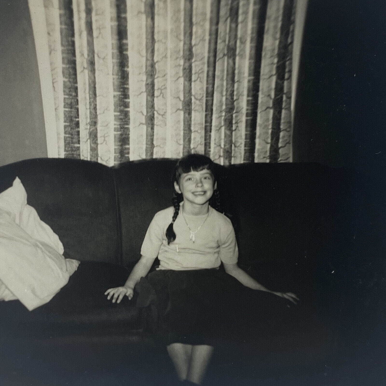 Vintage Photo 1955 Girl Smiling Posed On Couch Sitting