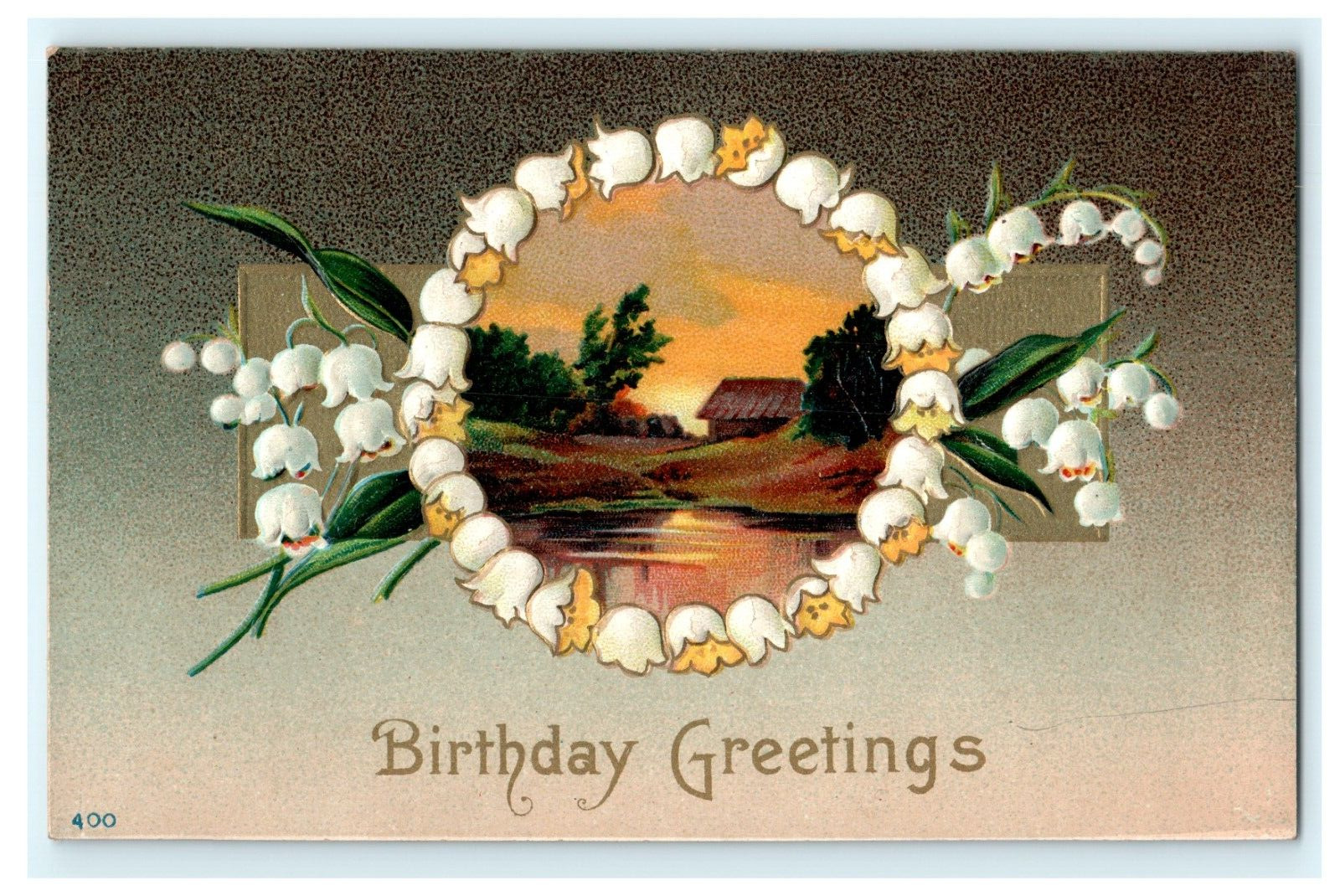 c 1910 Birthday Greetings Embossed Floral Sunset