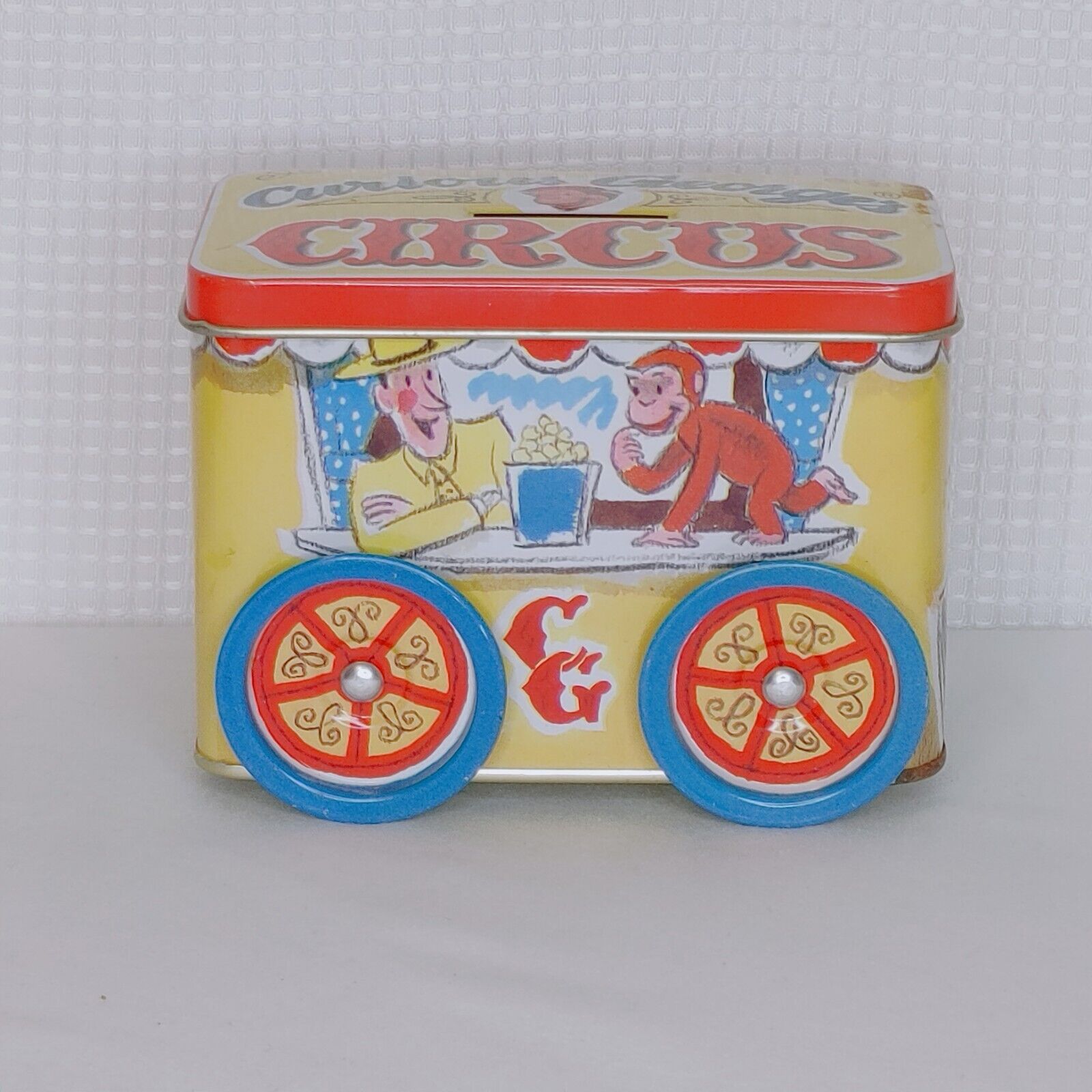 Vintage Curious George Tin Coin Bank With Wheels Schylling 1995