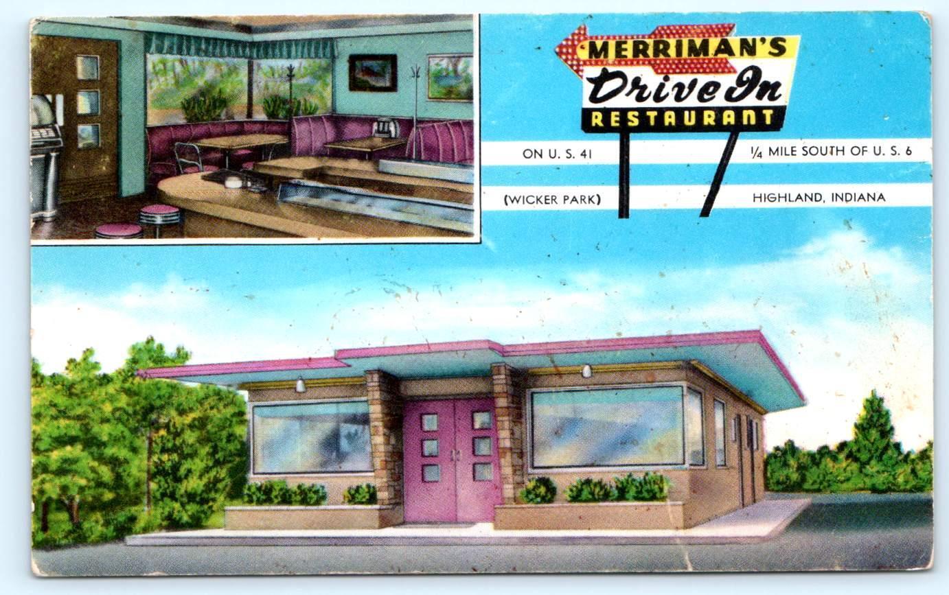 HIGHLAND, IN Indiana ~ MERRIMAN\'S DRIVE-IN RESTAURANT  c1950s Postcard