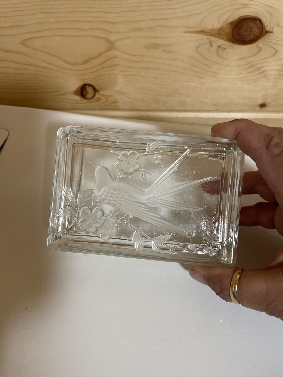 glass embossed birds with floral vanity trinket box, vintage