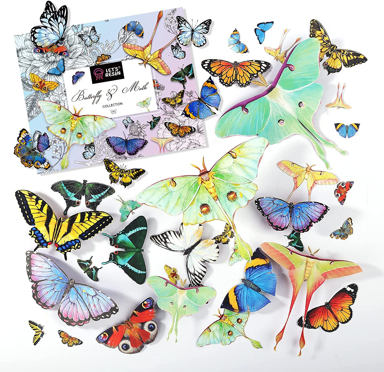 LET\'S RESIN Realistic Paper Butterfly Moth,46 Pcs Double-Sided Faux Butterfly,Vi
