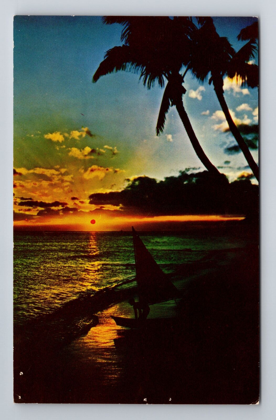Waikiki HI-Hawaii, Sunset on Beach, Palm Trees, Antique Vintage Postcard