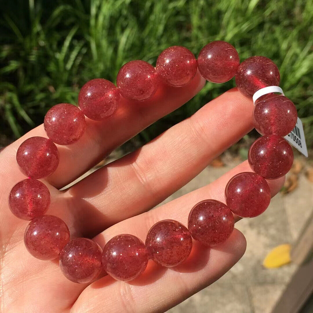 13.5mm Natural Beautiful Strawberry Quartz Crystal Gems Round Beads Bracelet AAA