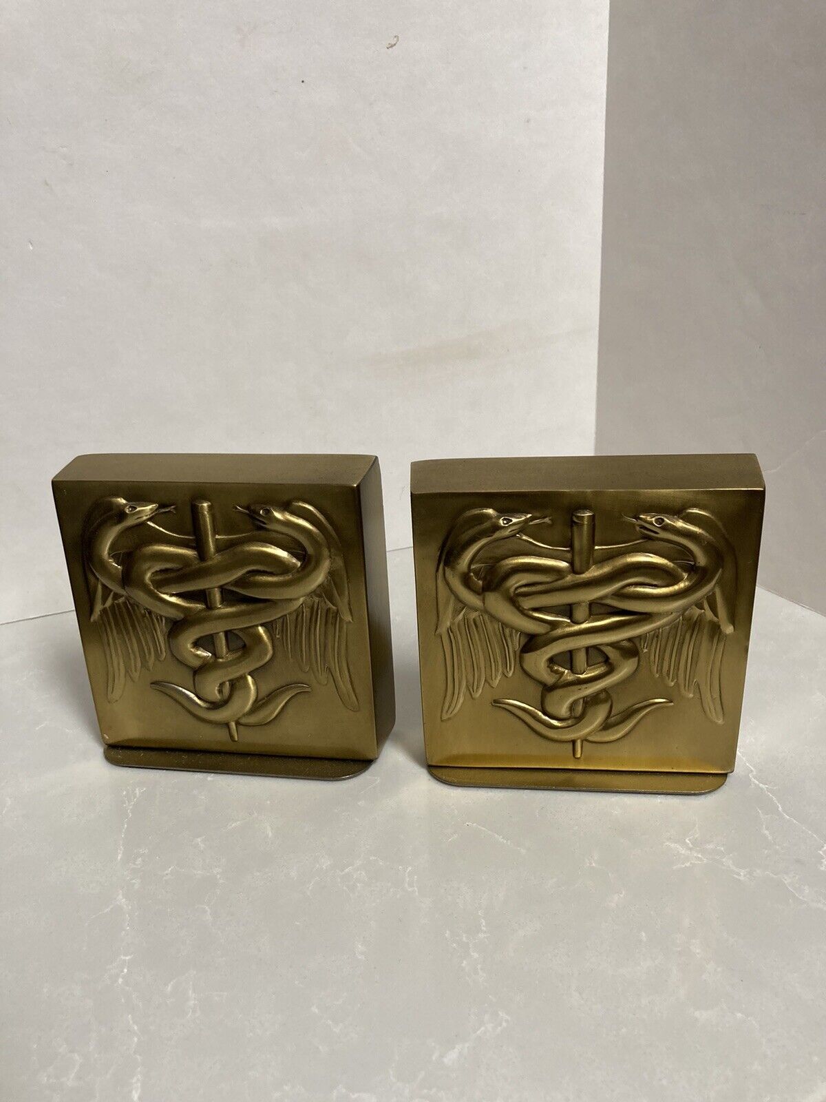 Vintage PM Craftsman Doctor Physician Medical Caduceus Serpents Brass 2 Bookends