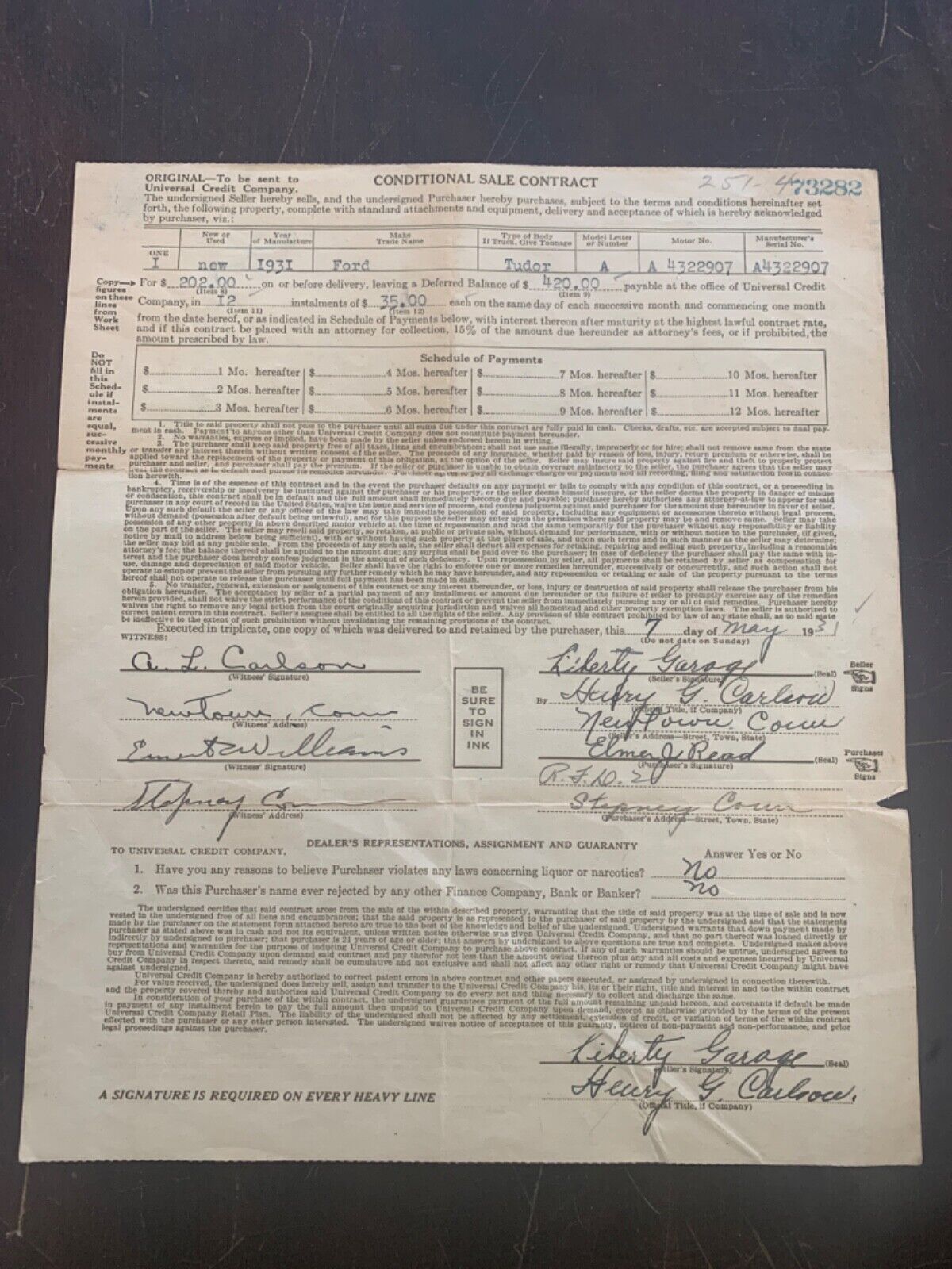 1931 Ford Model A Tudor Sales Contract Newtown Stepney Connecticut Henry Carlson