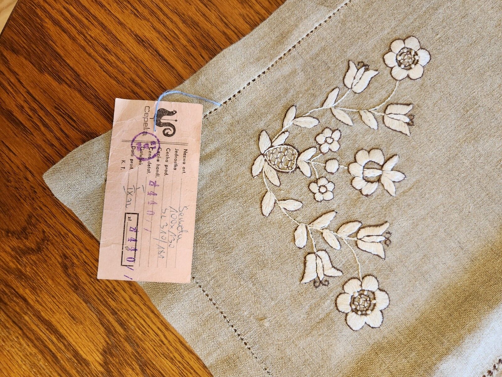 Vintage 1980\'s Cepelia Poland Beige Tablecloth, Embroidered Florals, with Tag