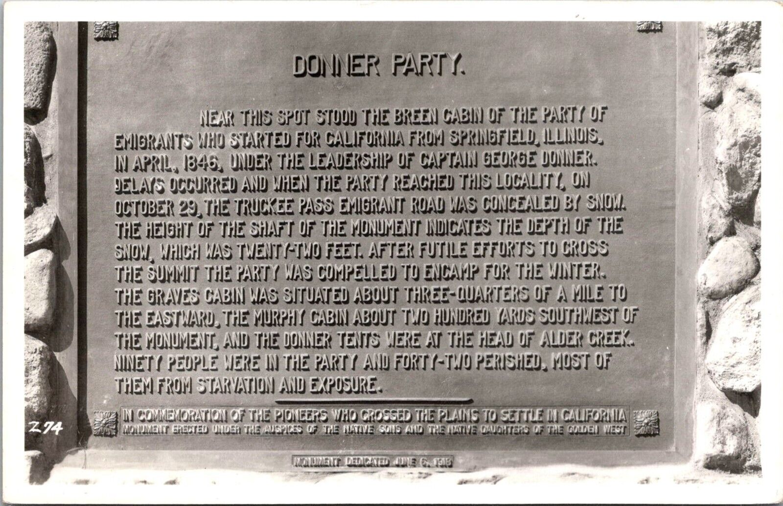 RPPC Memorial Marker for the Donner Party CA Vintage Postcard W60